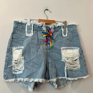 SHEIN Denim Shorts | Cut Off Distressed Rainbow Lace Up Pride | Size  31